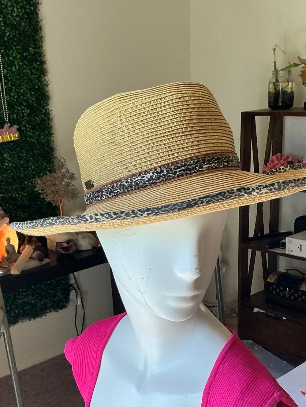 Natural Straw Wide-Brim Hat with Leopard-Accent Trim